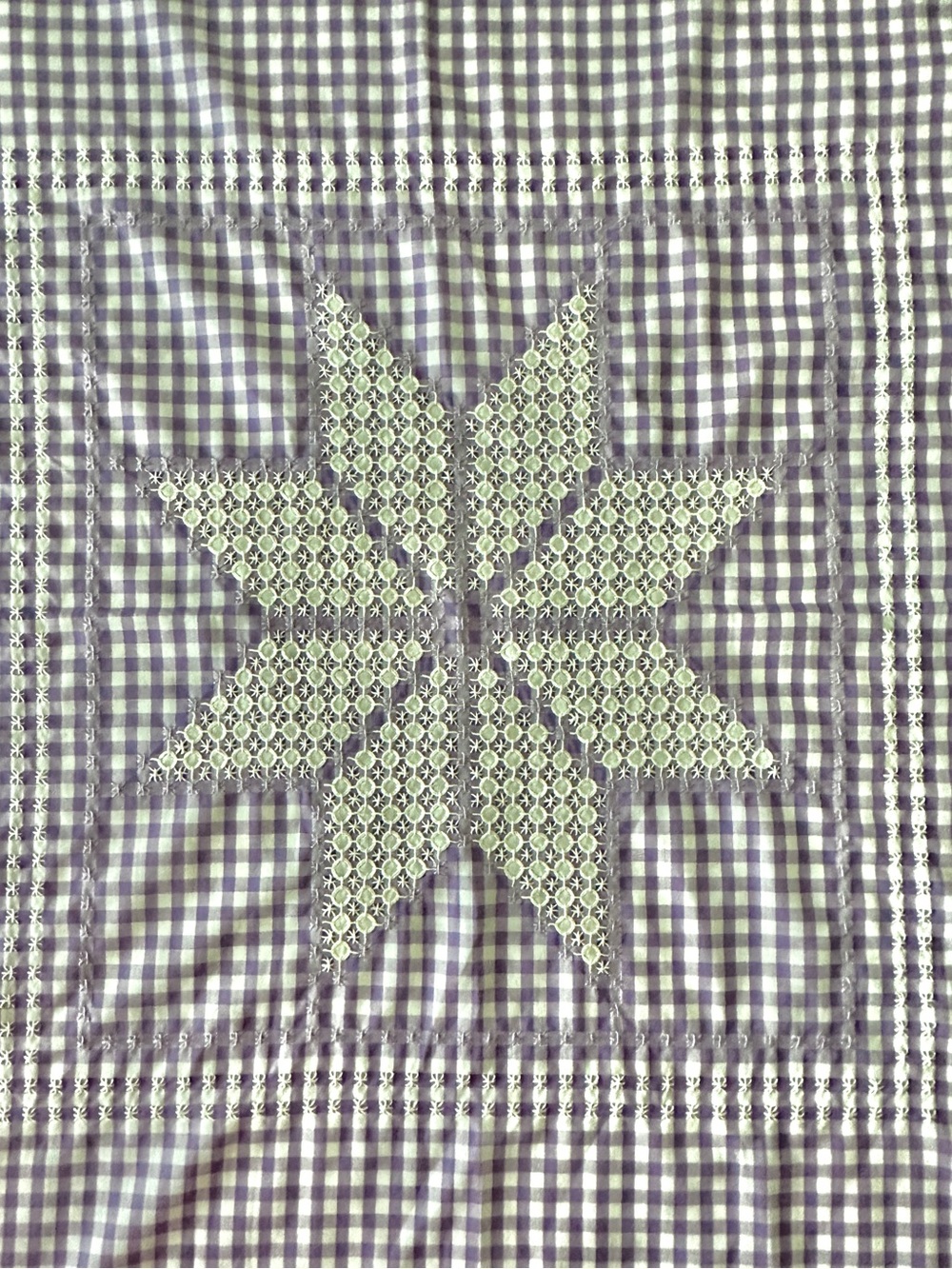Mid-Century Lavender Gingham Chicken Scratch Embroidered Star Square Tablecloth